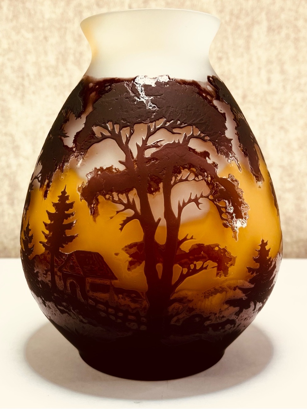 Galle Art Nouveau Vase Tip Galle Cabin in the Mountains Amber Color Medium Size